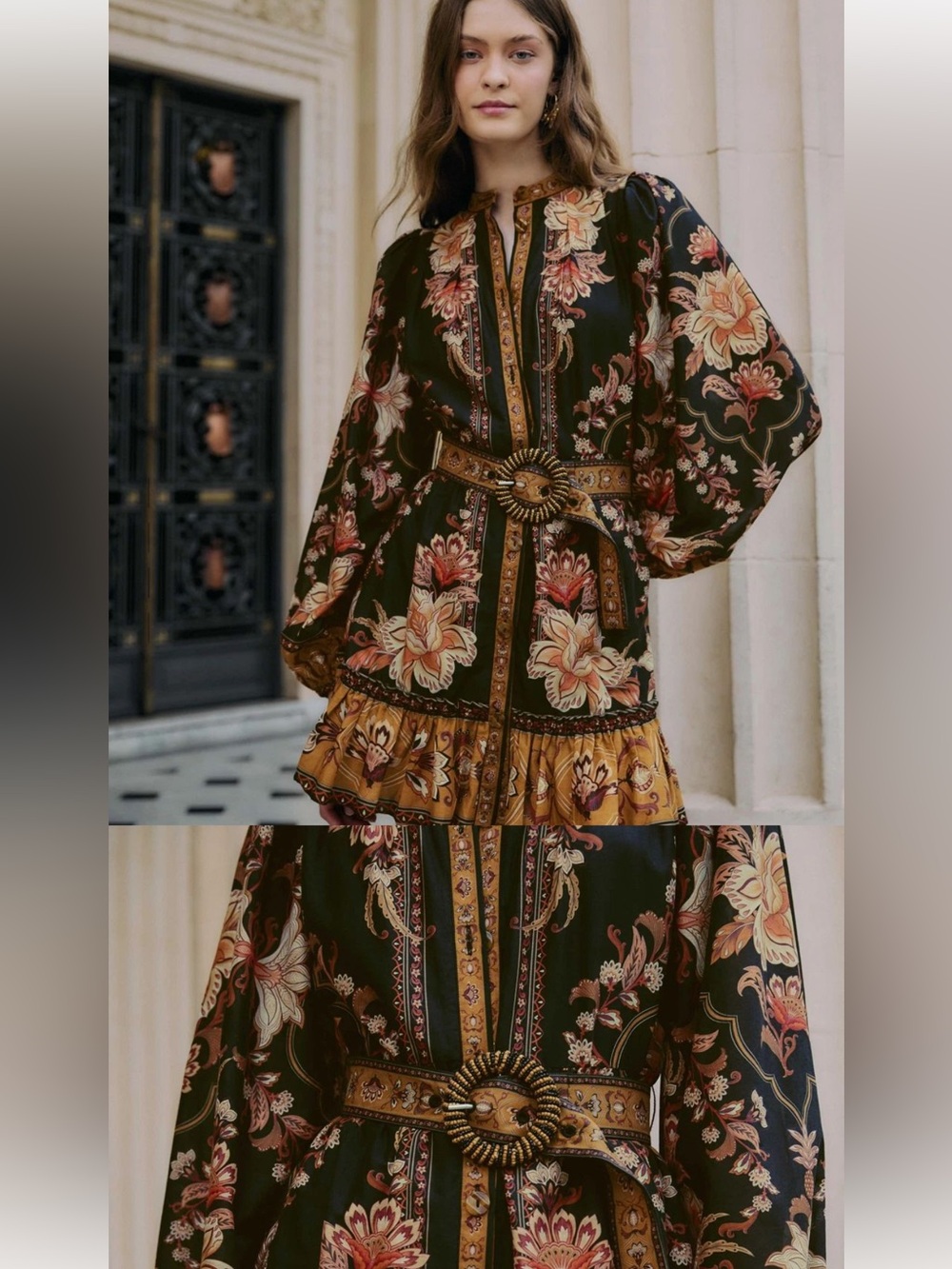 FARM Rio Black Mini Dress with Gold & Orange Floral Print